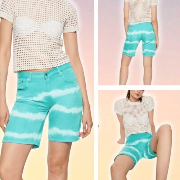 NWT MANGO Tie-Dye Print Straight Low Waist Denim Short Womens Size XXS Turquoise - Picture 1 of 6